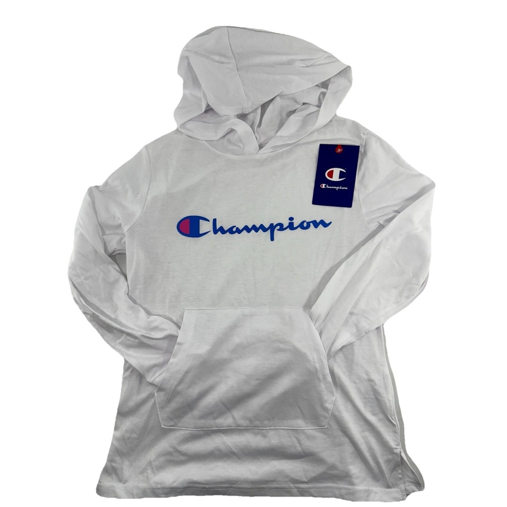 Champion Girls White Lightweight Long Sleeve Hoodie Logo Shirt‎ Top Size Medium